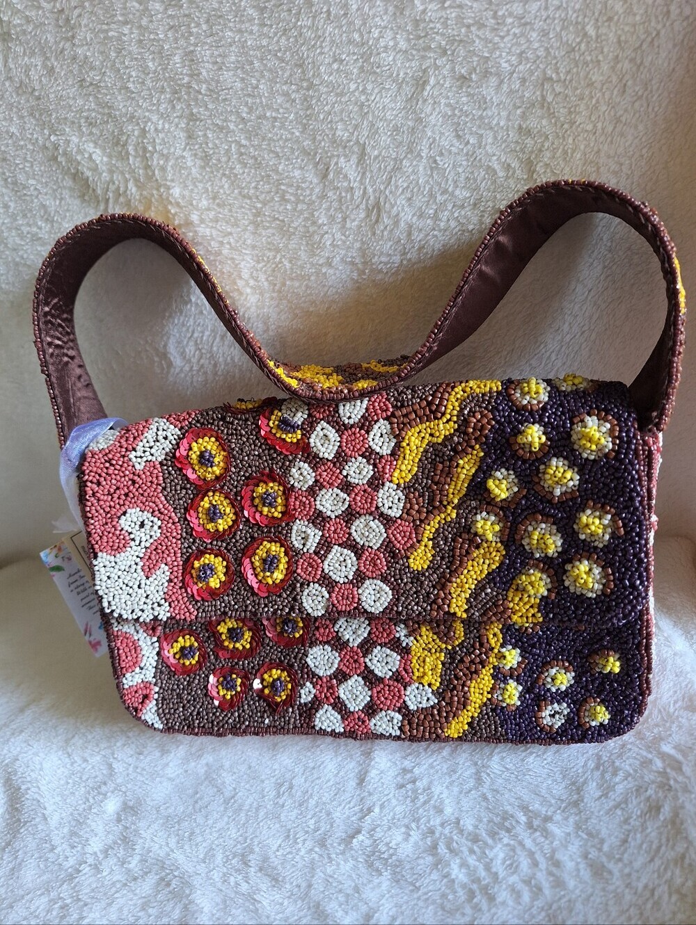 NWT Handcrafted Beaded Shoulder Bag Rare Earth Tone Mosaic Floral Y2K Boho